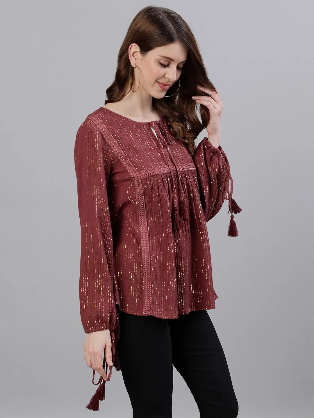 Ishin Women's Cotton Maroon Lurex Embroidered Top