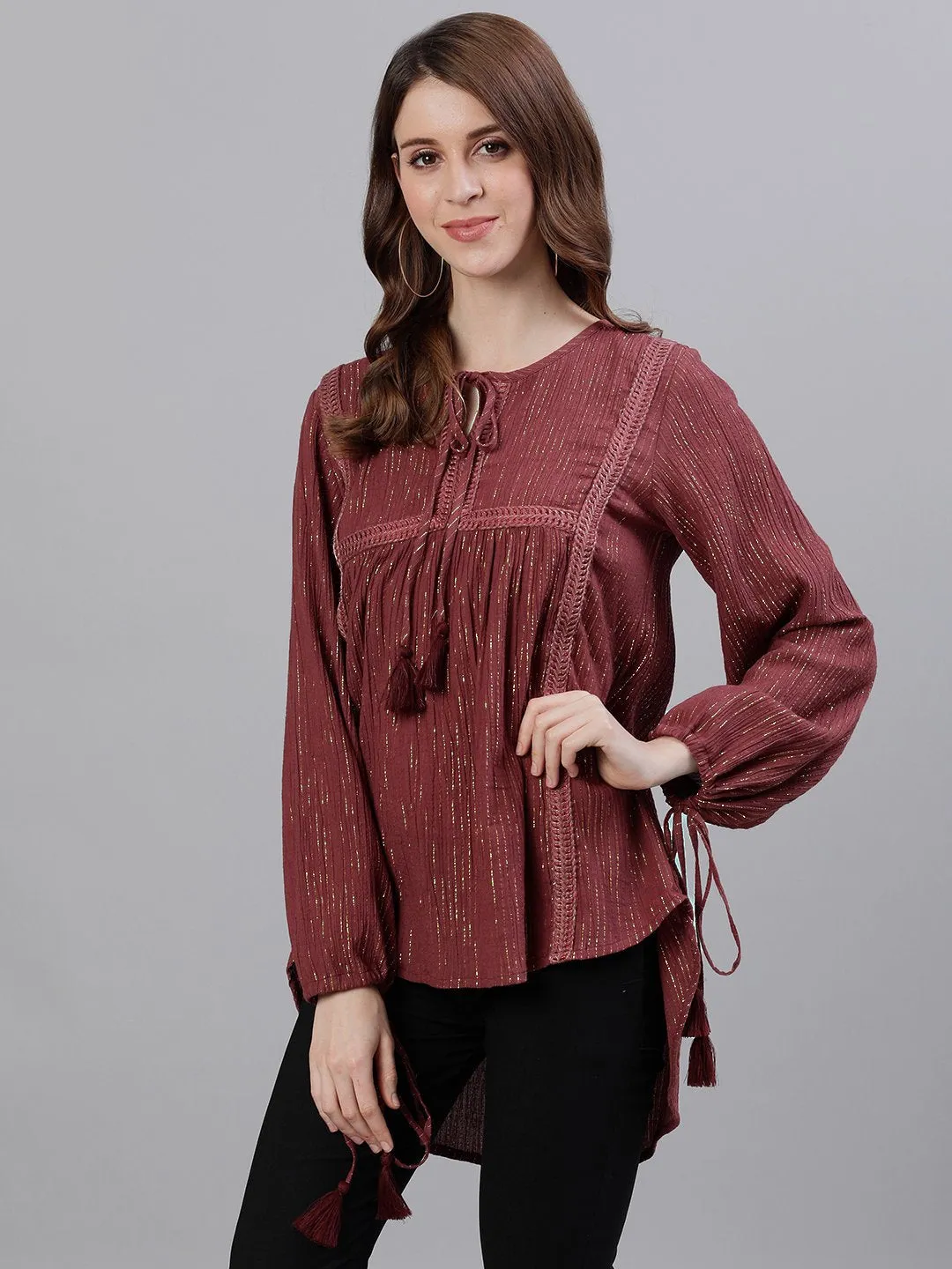 Ishin Women's Cotton Maroon Lurex Embroidered Top