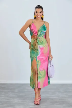 Jenerique Satin Slip Pink And Green Midi Dress