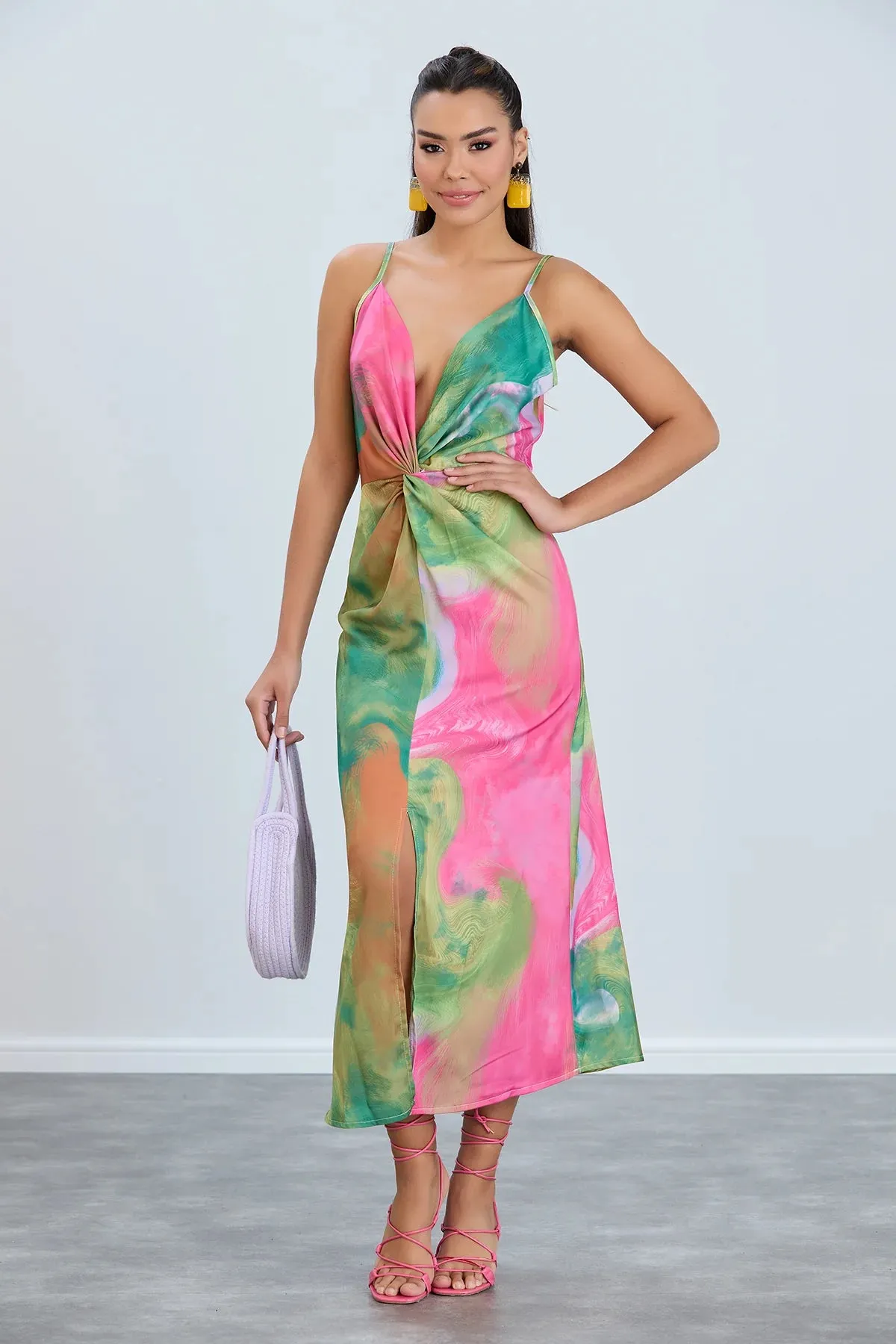 Jenerique Satin Slip Pink And Green Midi Dress