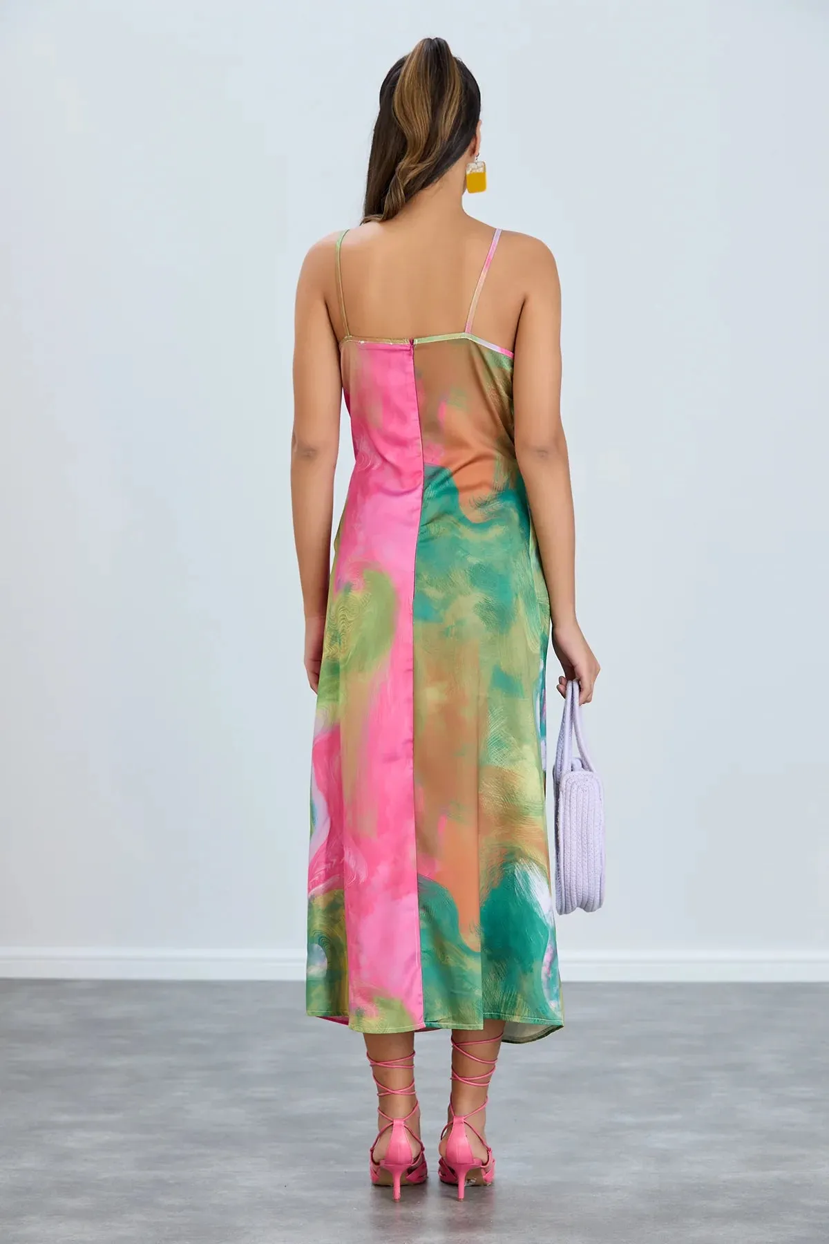 Jenerique Satin Slip Pink And Green Midi Dress