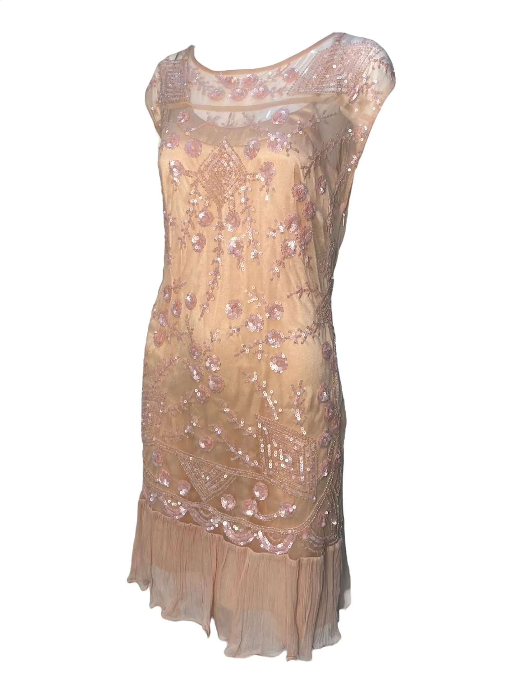 John Galliano 2000's Does 1920's Blush Pink Lace Deco Sequin Flapper-Style Dress
