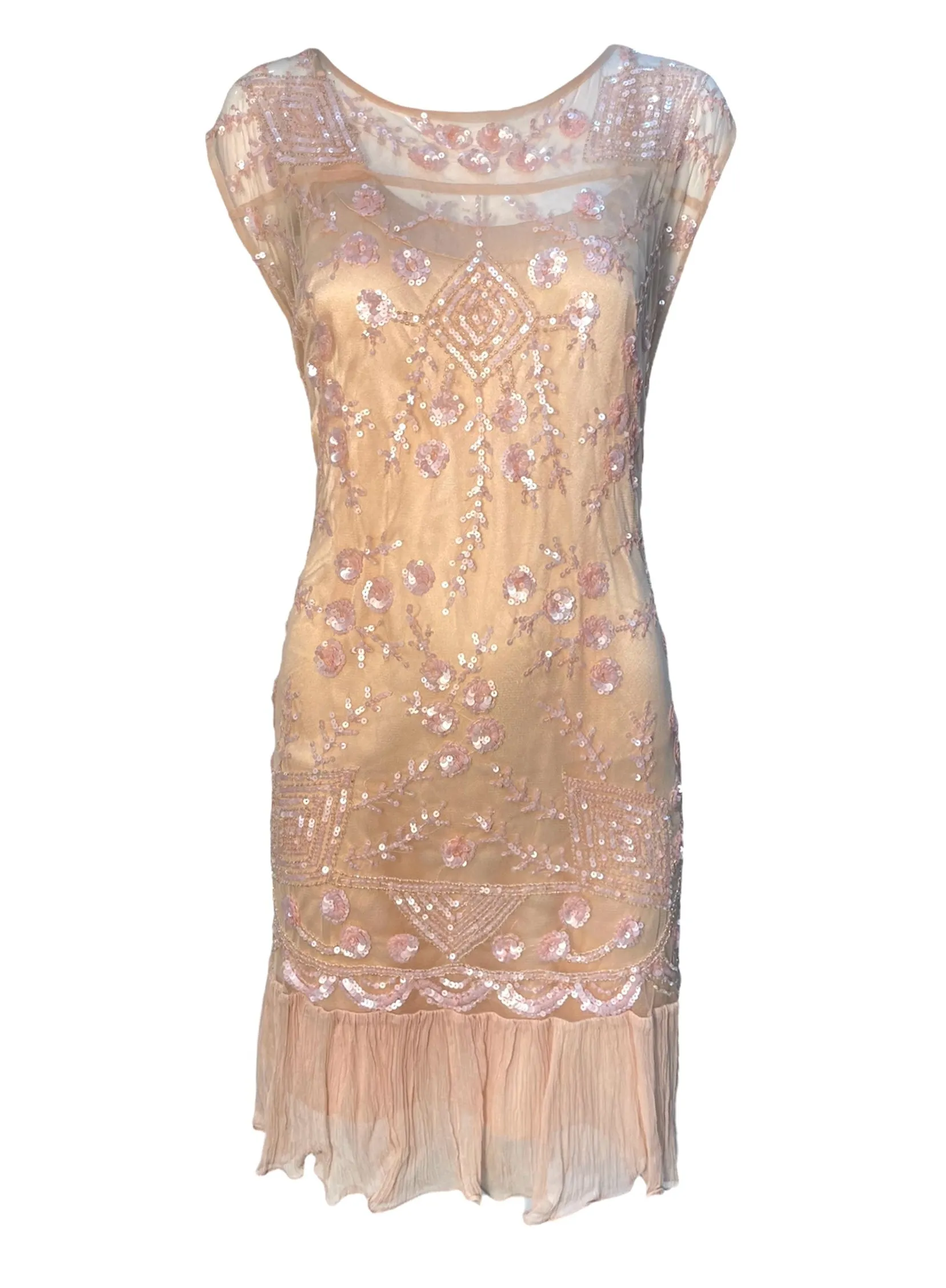 John Galliano 2000's Does 1920's Blush Pink Lace Deco Sequin Flapper-Style Dress