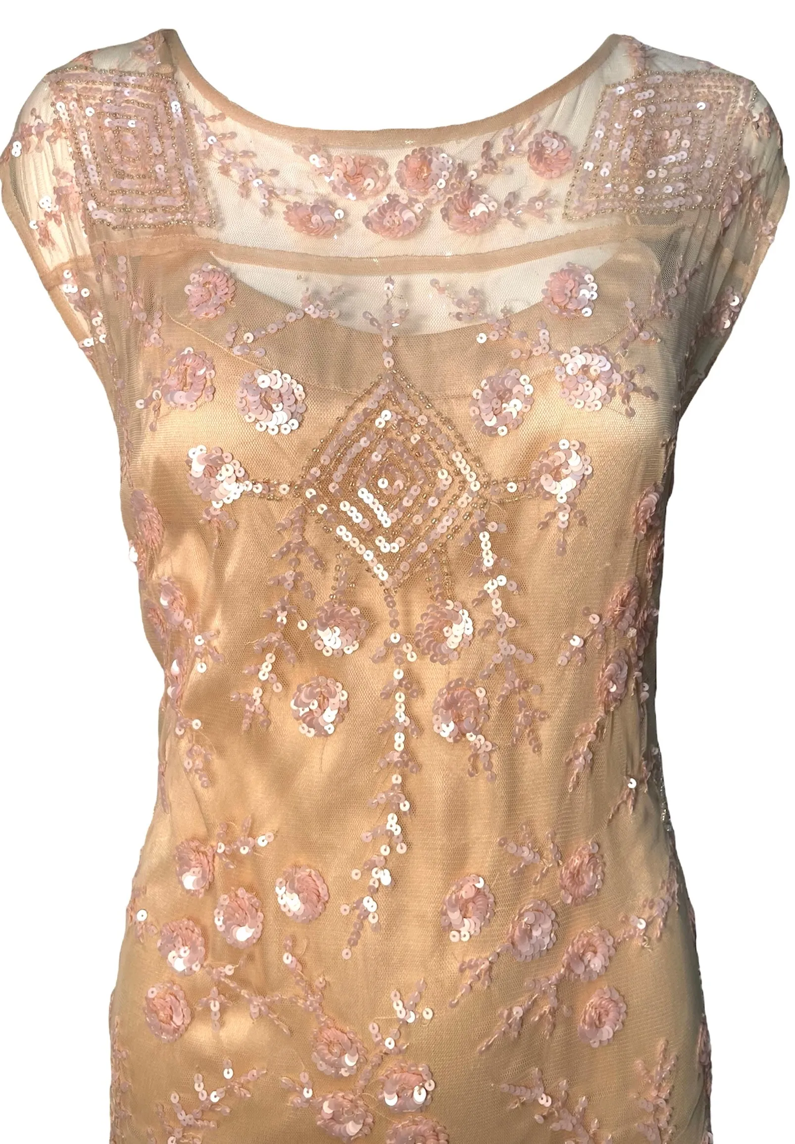 John Galliano 2000's Does 1920's Blush Pink Lace Deco Sequin Flapper-Style Dress