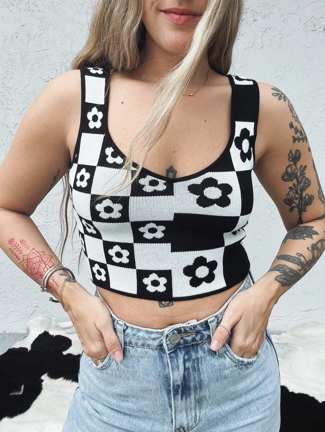 More Than Maybe Floral/Checker Board Print Knit Crop Top
