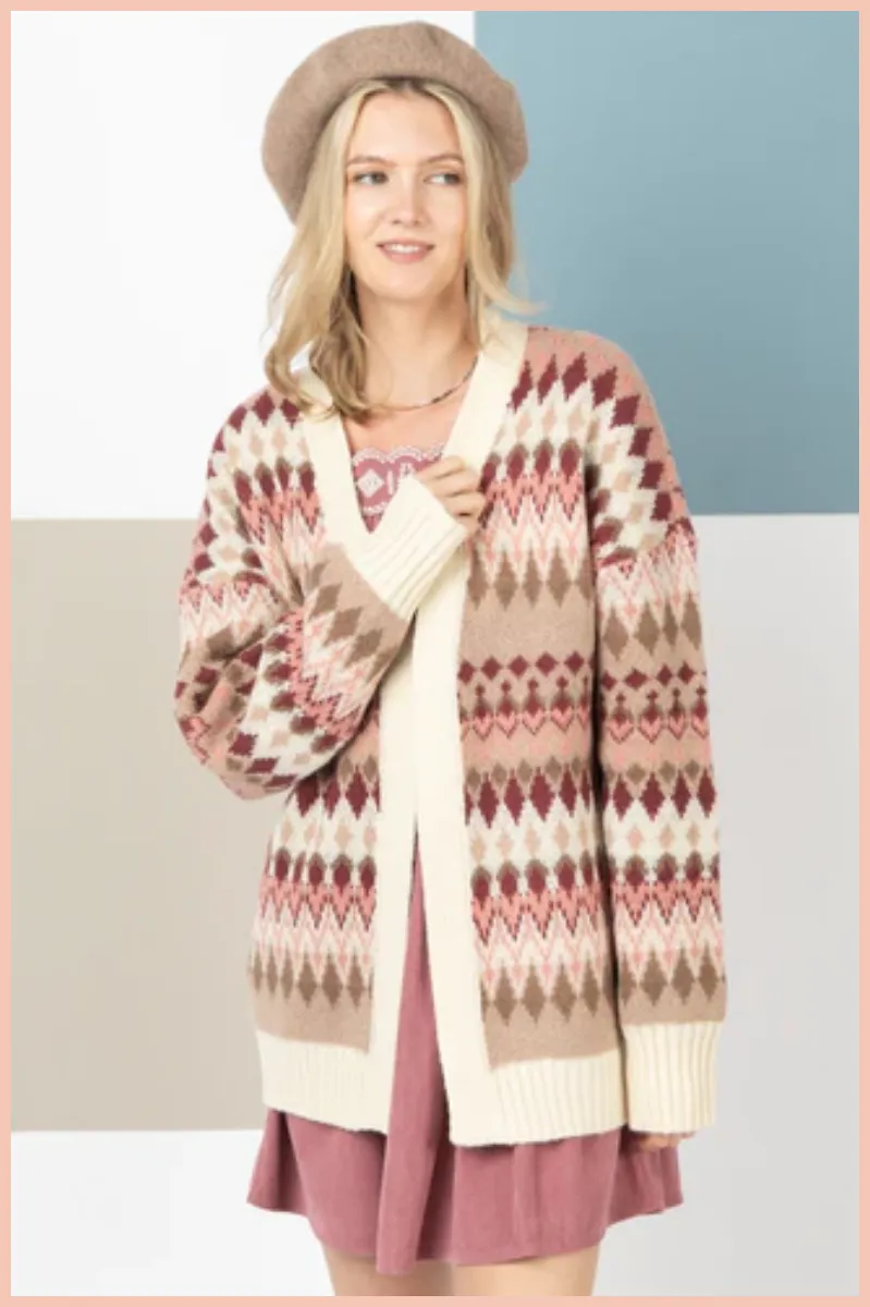 Multicolor Aztec Knit Sweater Cardigan