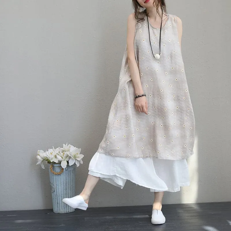 New prints linen maxi dress Loose fitting sleeveless linen clothing dresses New big hem linen caftans