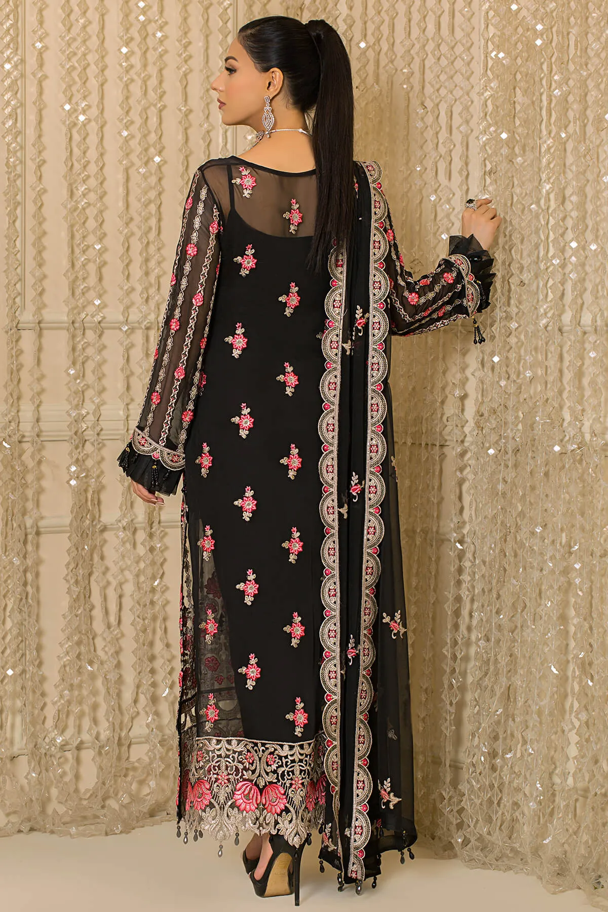 Pakistani Party Dress in Embroidered Chiffon Kameez and Raw Silk Trousers Style for Eid
