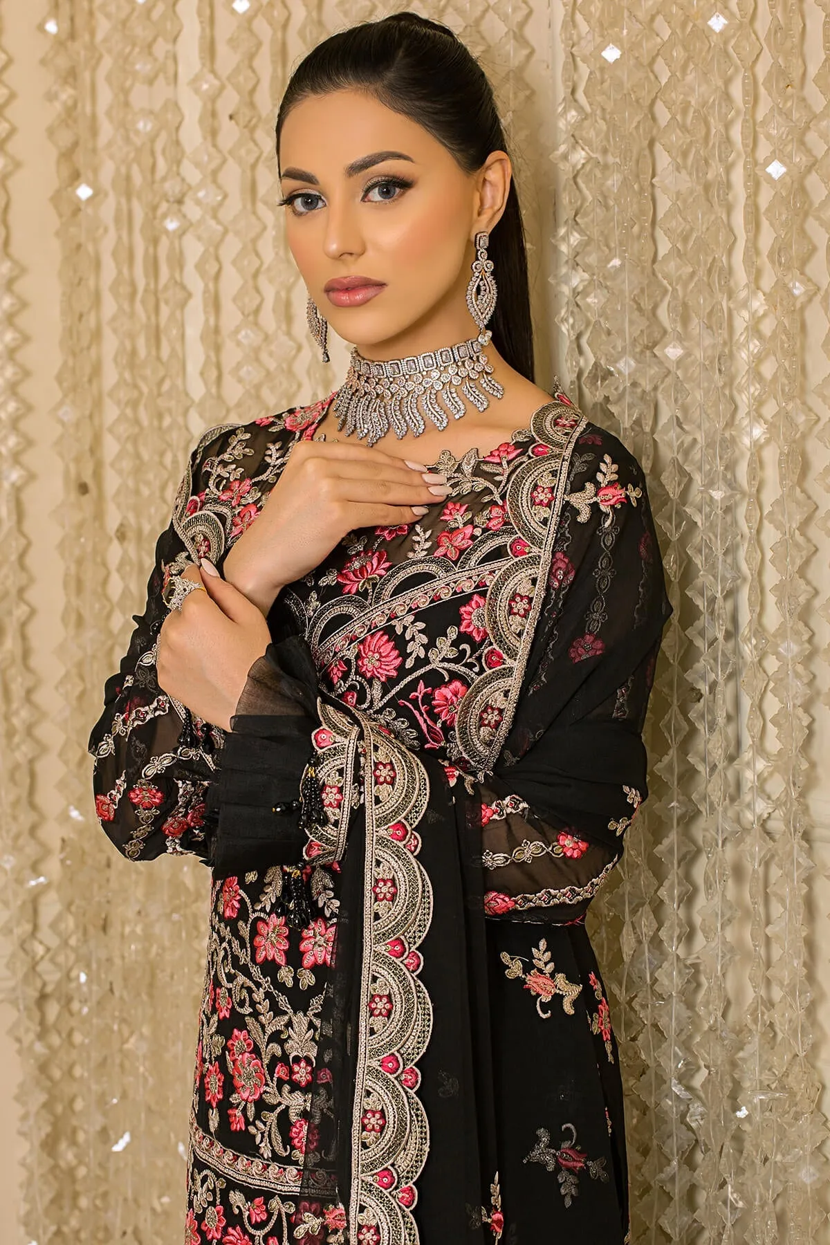 Pakistani Party Dress in Embroidered Chiffon Kameez and Raw Silk Trousers Style for Eid