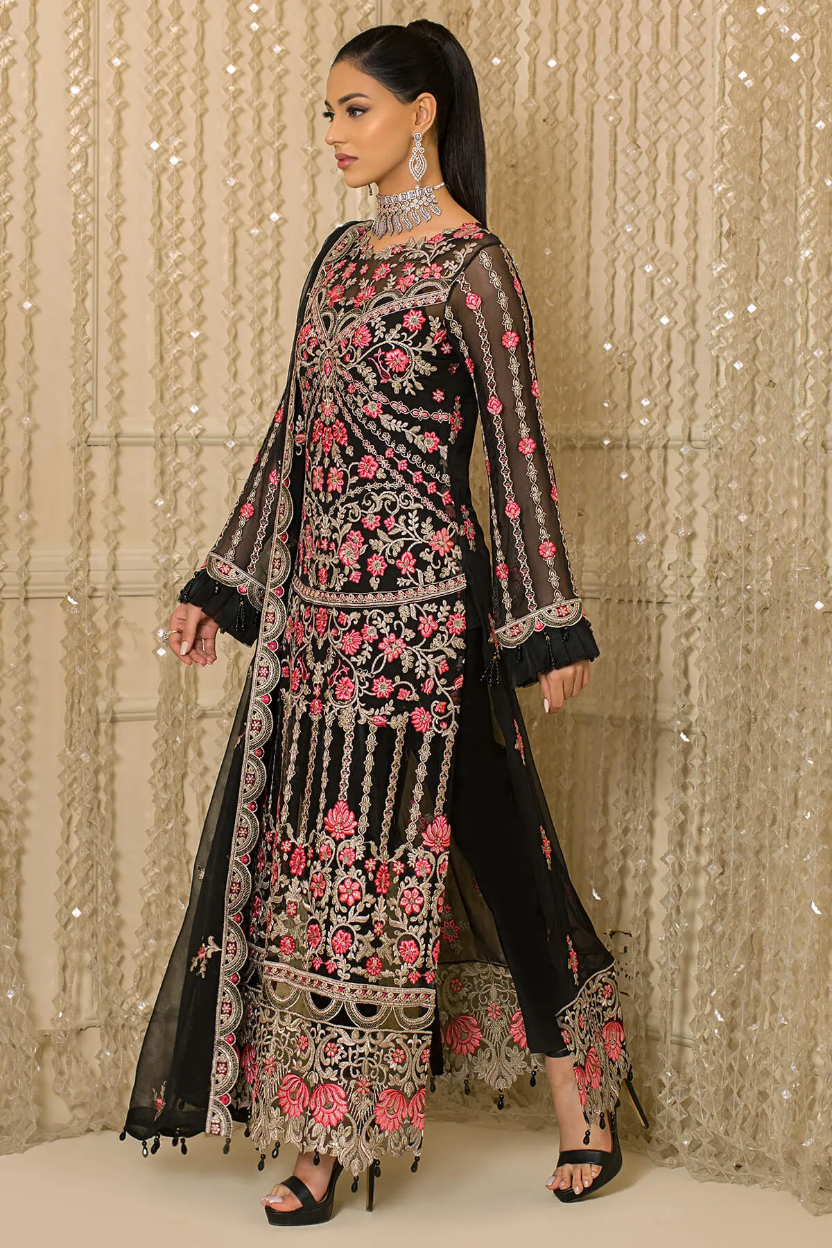 Pakistani Party Dress in Embroidered Chiffon Kameez and Raw Silk Trousers Style for Eid