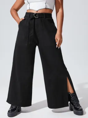 Plain Split High Waist Long Plus Size Jeans