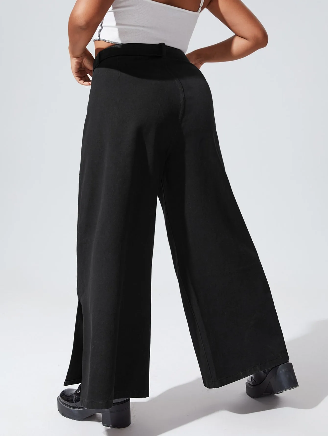 Plain Split High Waist Long Plus Size Jeans