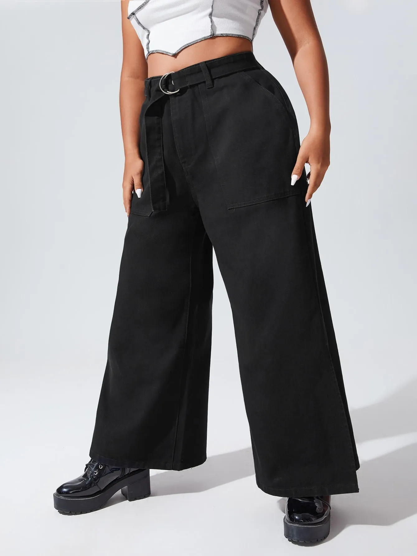Plain Split High Waist Long Plus Size Jeans