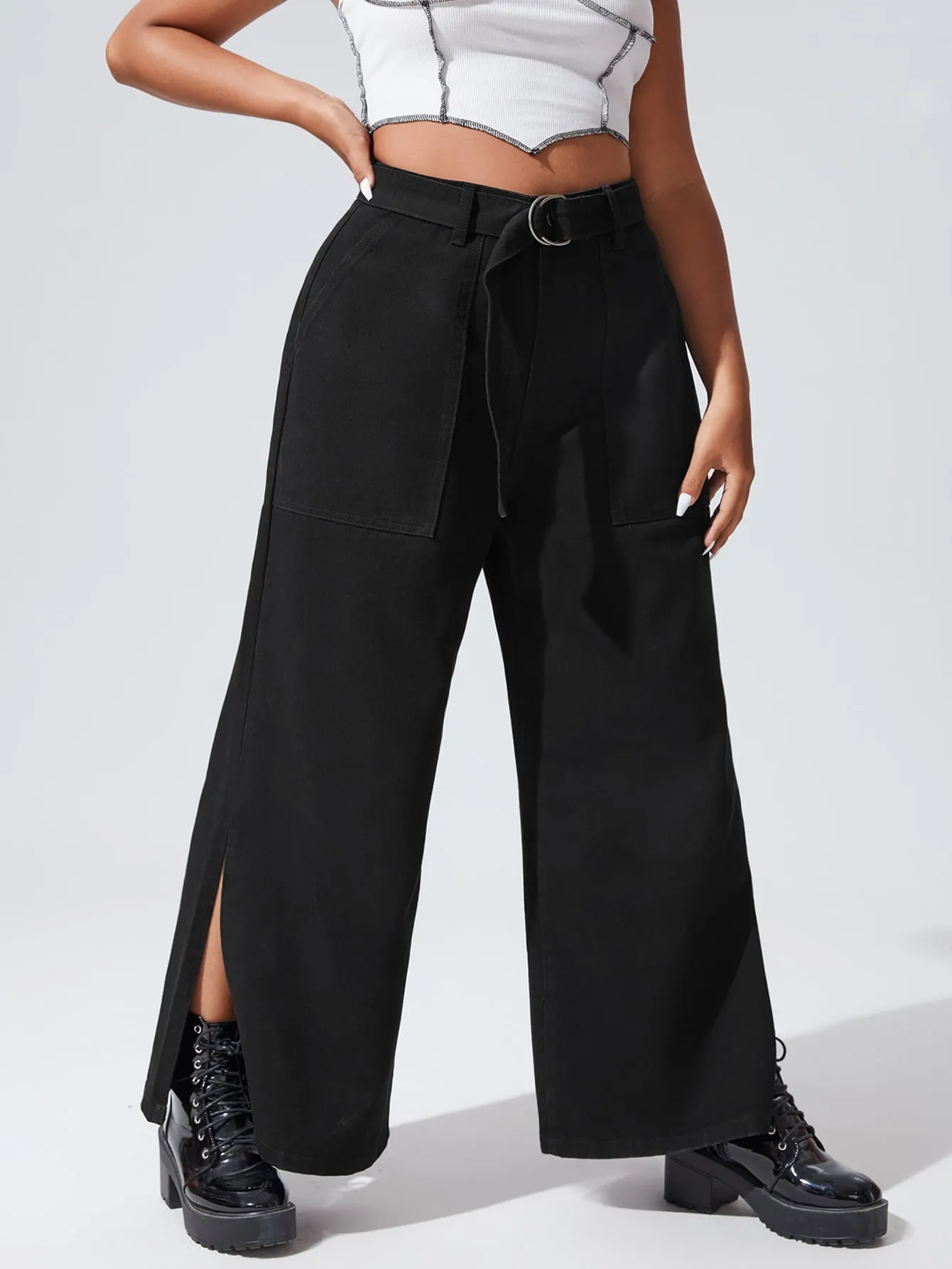 Plain Split High Waist Long Plus Size Jeans