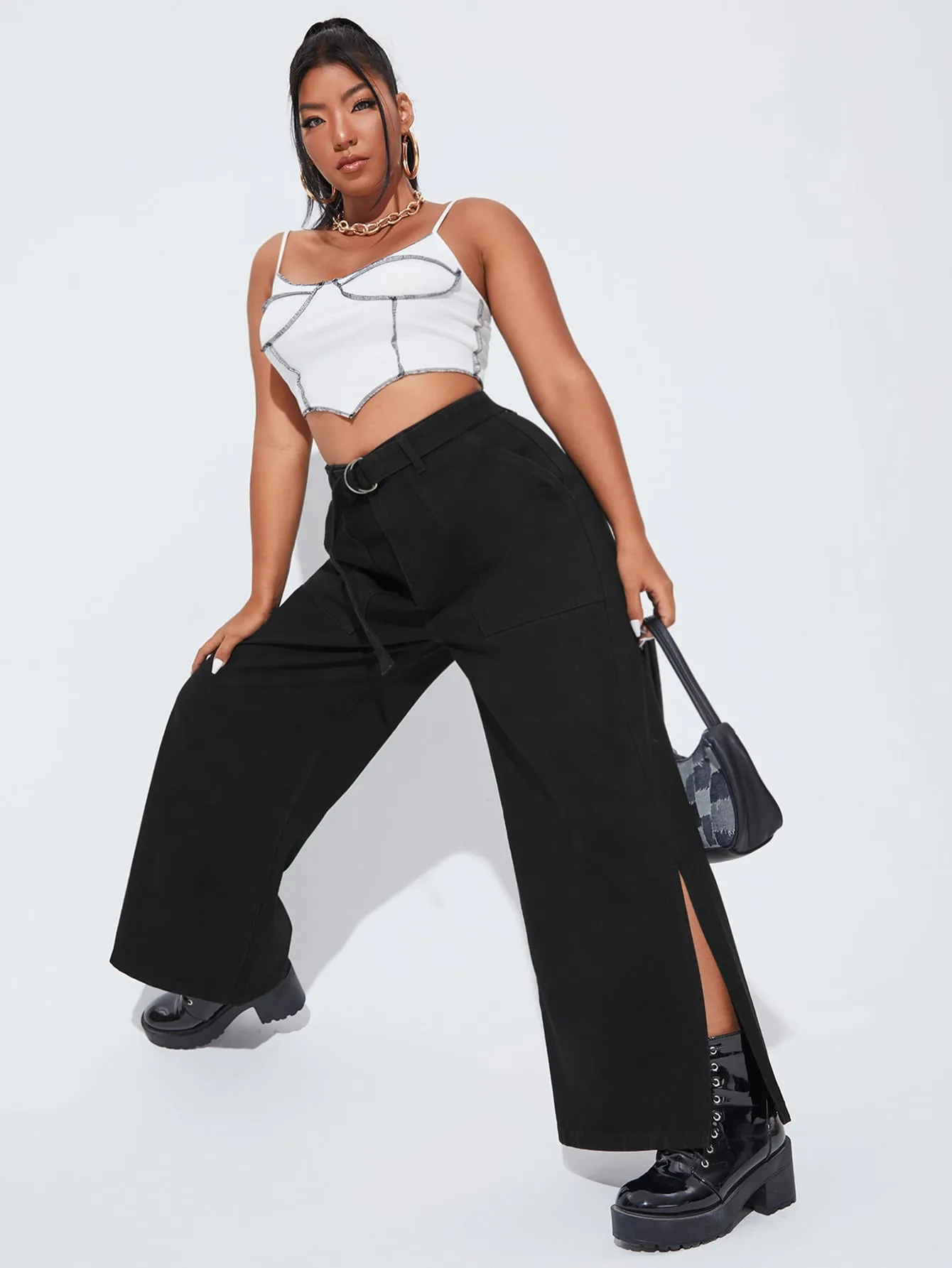 Plain Split High Waist Long Plus Size Jeans