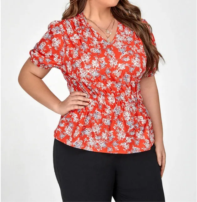 Plus Size Red Floral Puff Sleeve Elastic Waist Blouse