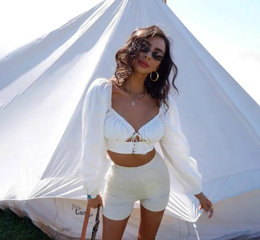 Romantic Crop Top | Hollow Out Long Sleeve V Neck Tops | Casual Solid Top | Pullover Crop Top | Sexy Cami Top | Women Blouse Crop TOP V-Neck