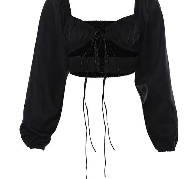 Romantic Crop Top | Hollow Out Long Sleeve V Neck Tops | Casual Solid Top | Pullover Crop Top | Sexy Cami Top | Women Blouse Crop TOP V-Neck