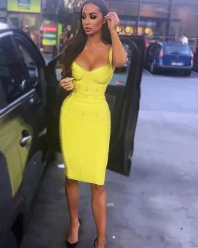 Sexy Sleeveless Green Yellow Women Bodycon Bandage Dress 2021 Designer Fashion Evening Party Dress