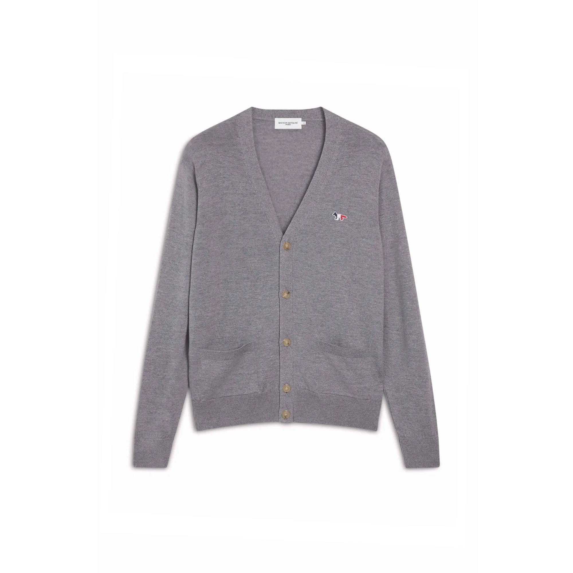 Unisex Tricolor Fox Patch Classic Cardigan - Grey Melange