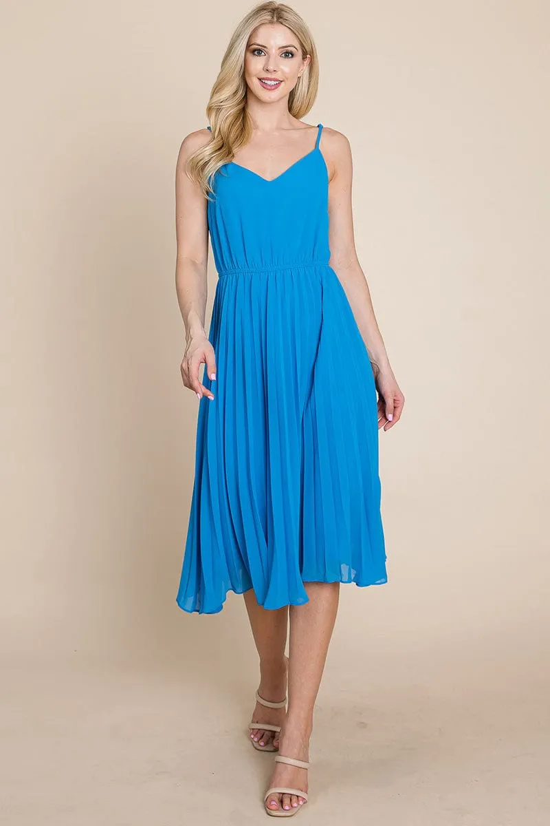 V Neck Pleated Midi Sundress