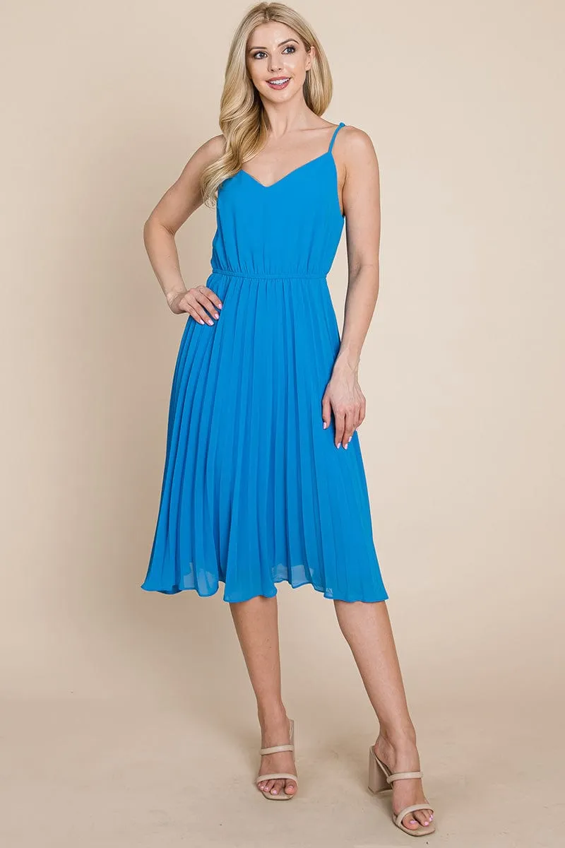 V Neck Pleated Midi Sundress