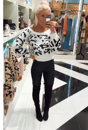 White Off The Shoulder Leopard Bubble Sleeve Crop Sweater