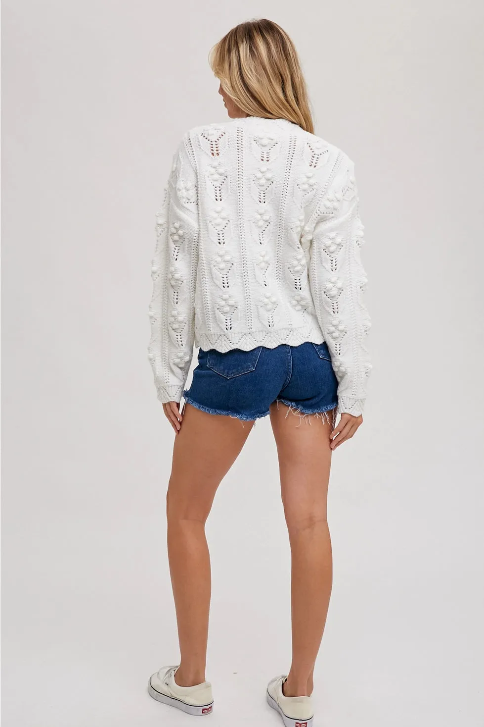 White Scallop Hem Sweater Knit Cardigan