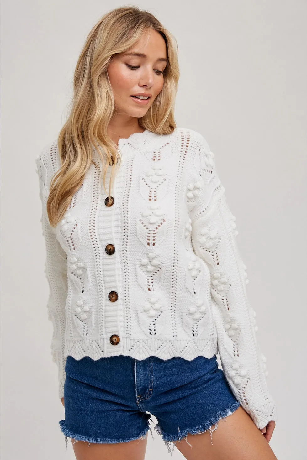 White Scallop Hem Sweater Knit Cardigan