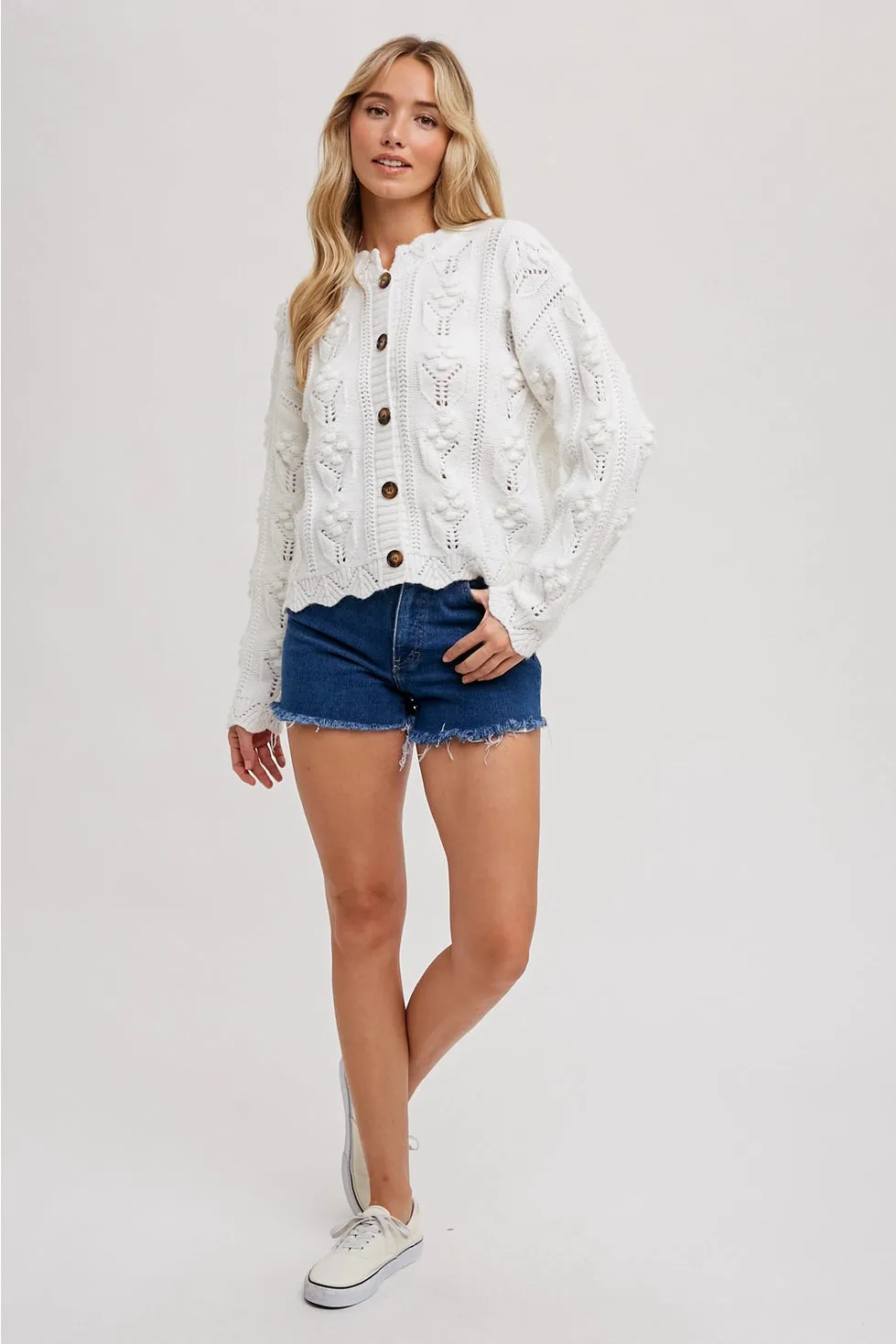 White Scallop Hem Sweater Knit Cardigan