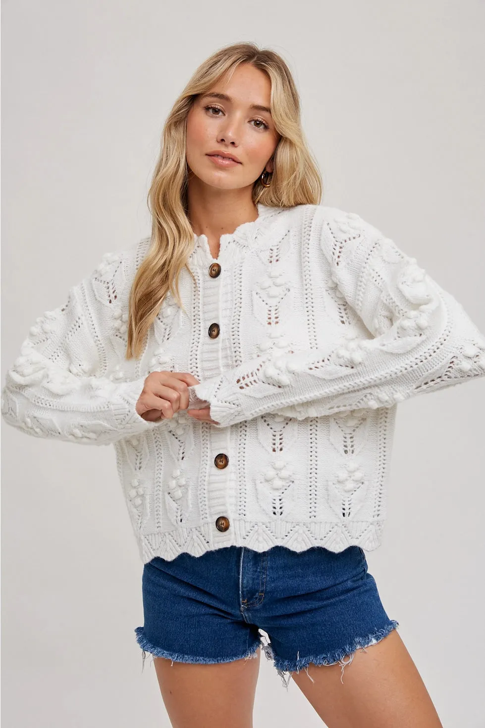 White Scallop Hem Sweater Knit Cardigan