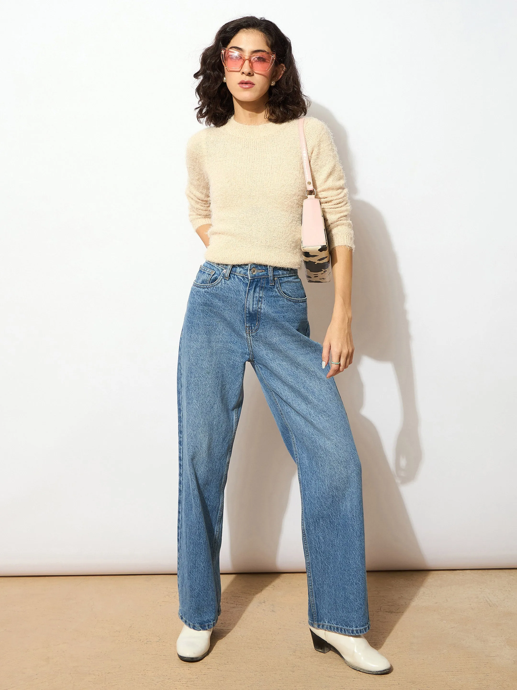 Women Beige Round Neck Hairy Fur Pullover Sweater