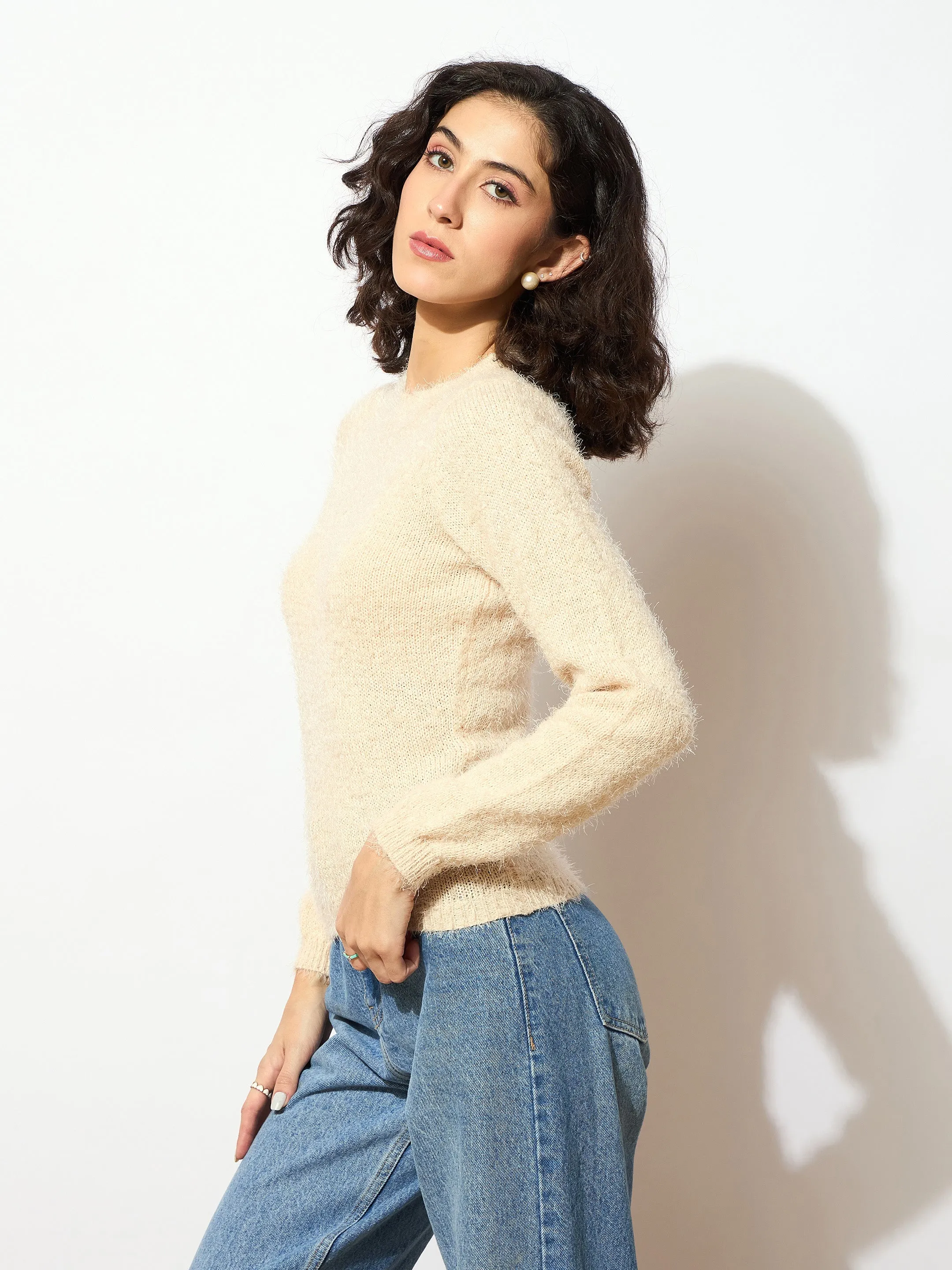 Women Beige Round Neck Hairy Fur Pullover Sweater