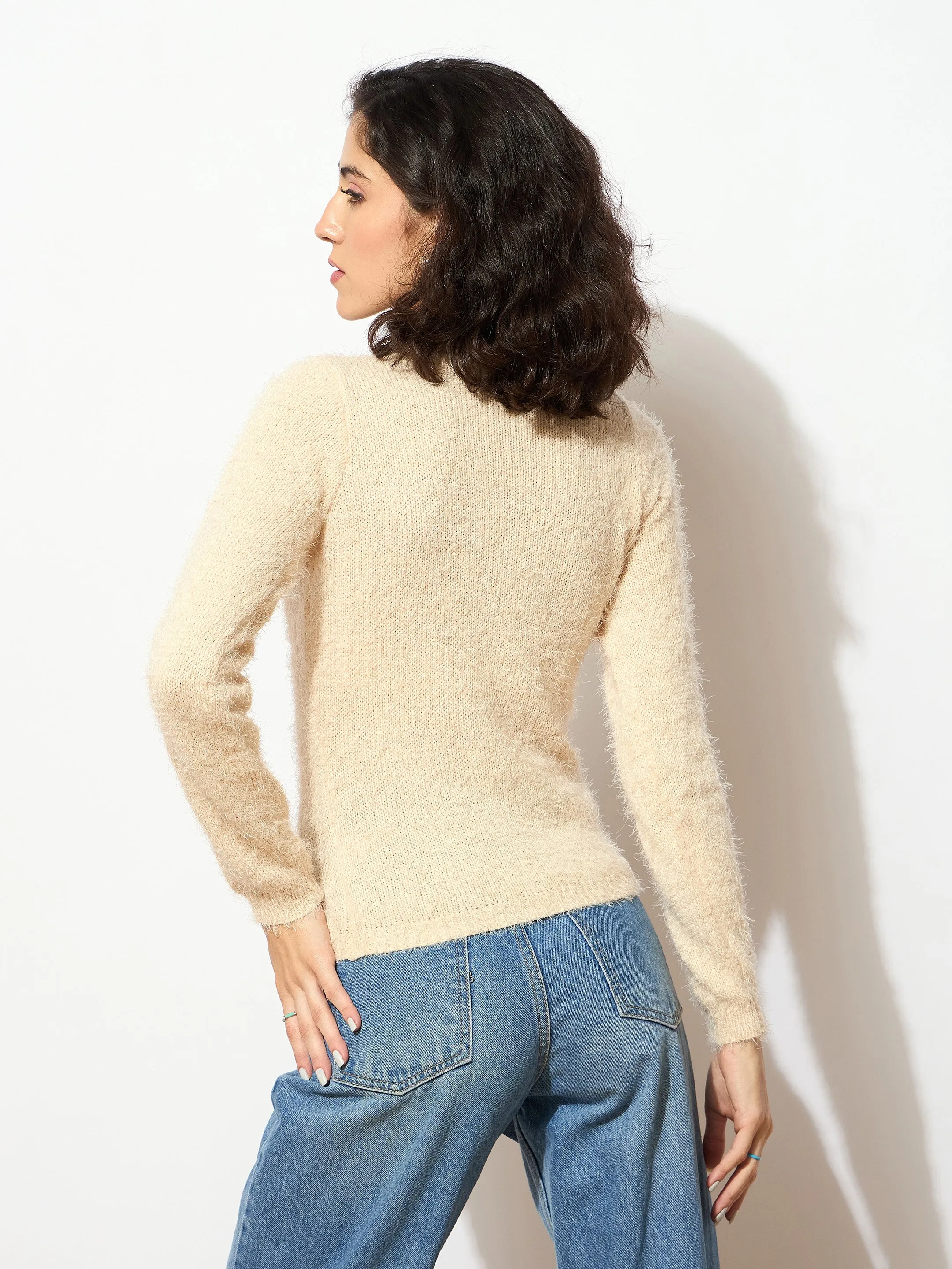 Women Beige Round Neck Hairy Fur Pullover Sweater