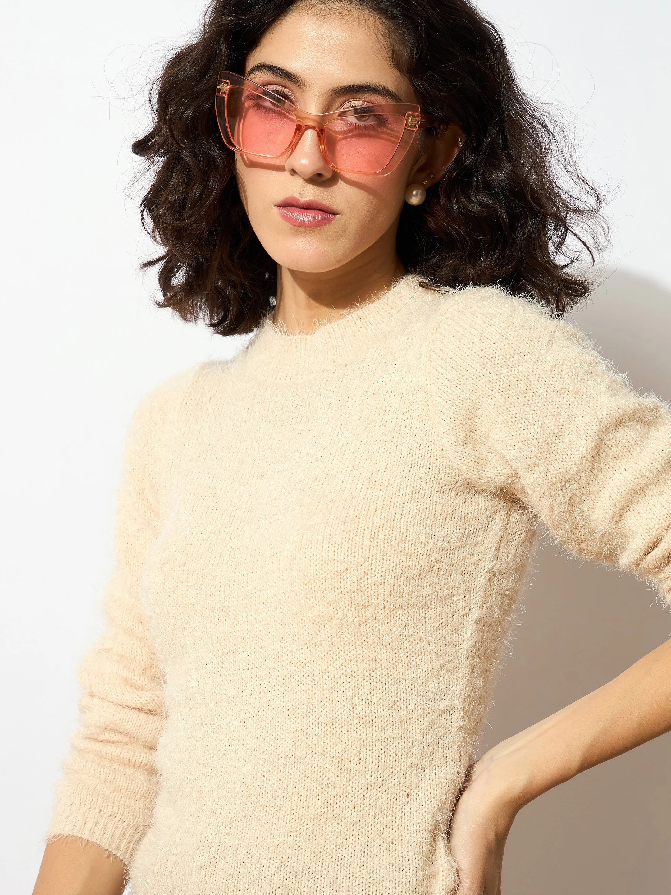 Women Beige Round Neck Hairy Fur Pullover Sweater