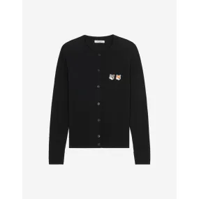 Women Double Fox Head Patch R-Neck Cardigan - Black