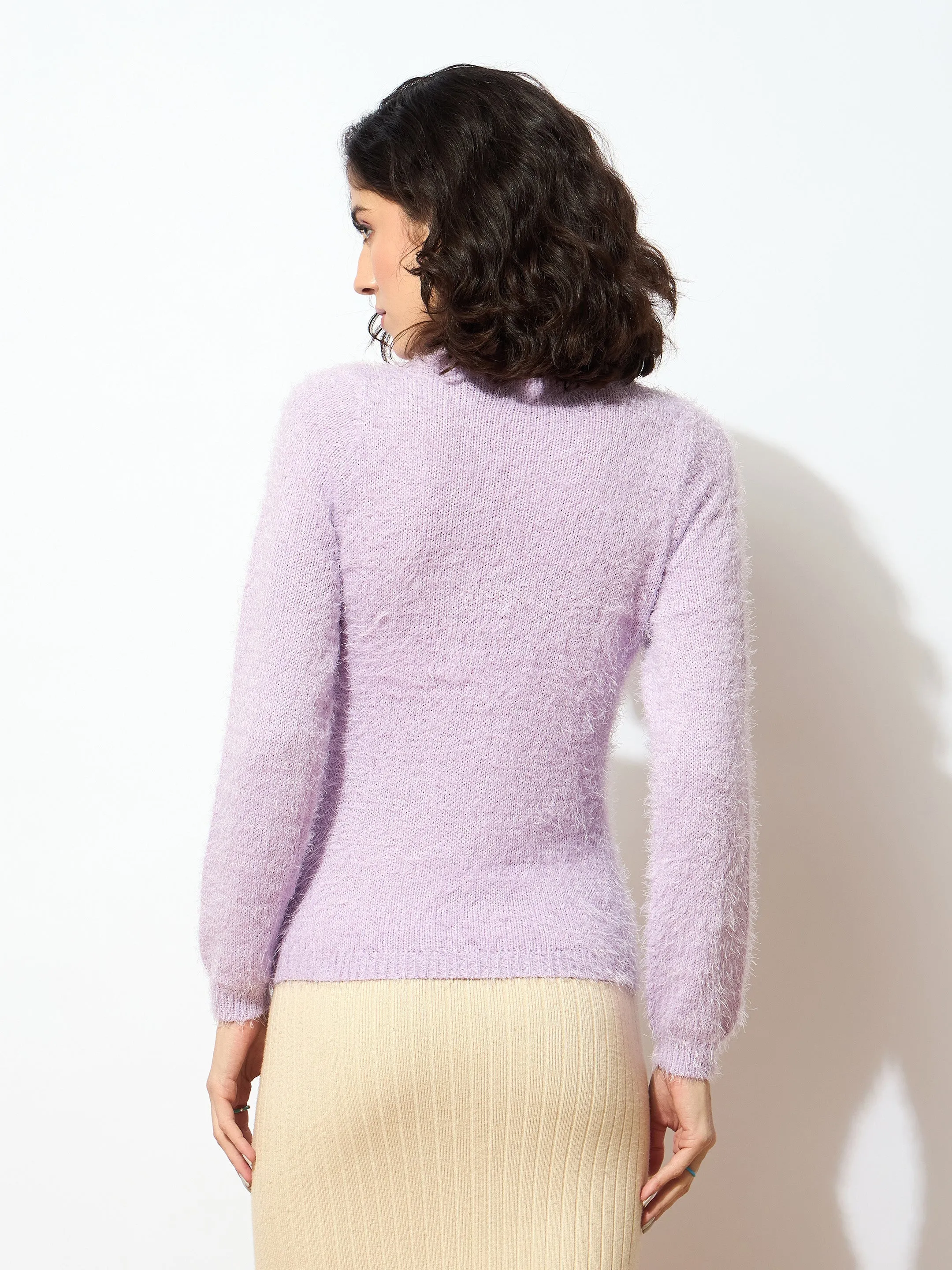 Women Purple Round Neck Hairy Fur Pullover Sweater