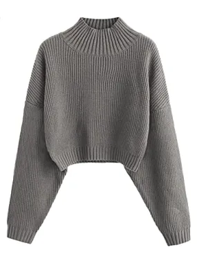 ZAFUL Women's Cropped Turtleneck Sweater Lantern Sleeve Ribbed Knit Pullover Sweater Jumper (1-Gray, M)